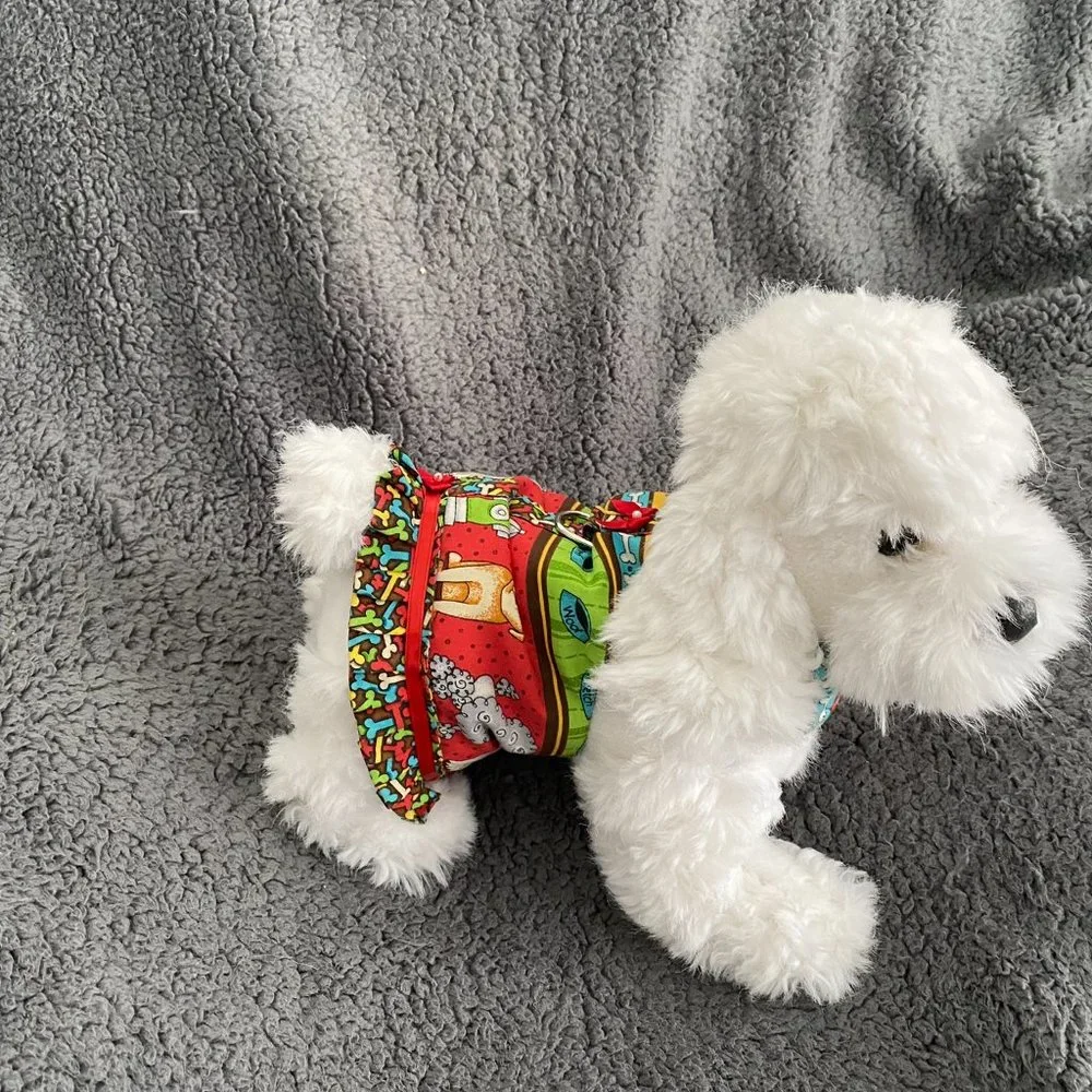 NEW- DOG PRINT ON BROWN small dog harness w-ruffle handmade